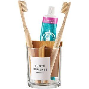 Glass Toothbrush Toothpaste Holder Bamboo Divider Bathroom Counter Organizer